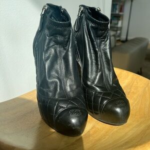 CHANEL black leather quilted logo high heel ankle booties